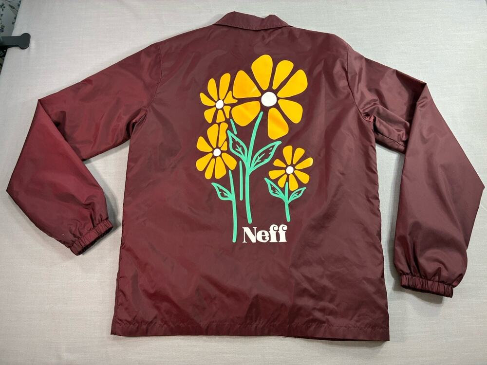 Neff Men’s Windbreaker Jacket Small Burgundy Floral Graphic Snapfront